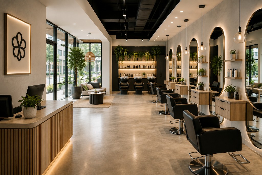 Modern salon reception and styling stations