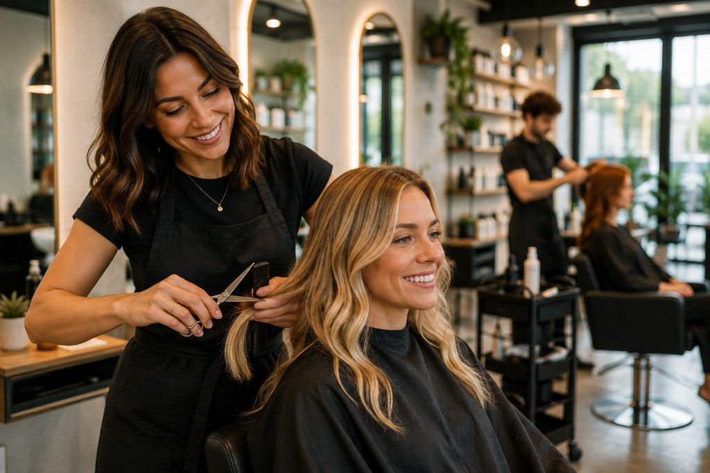Stylist cutting a client's hair in a modern salon