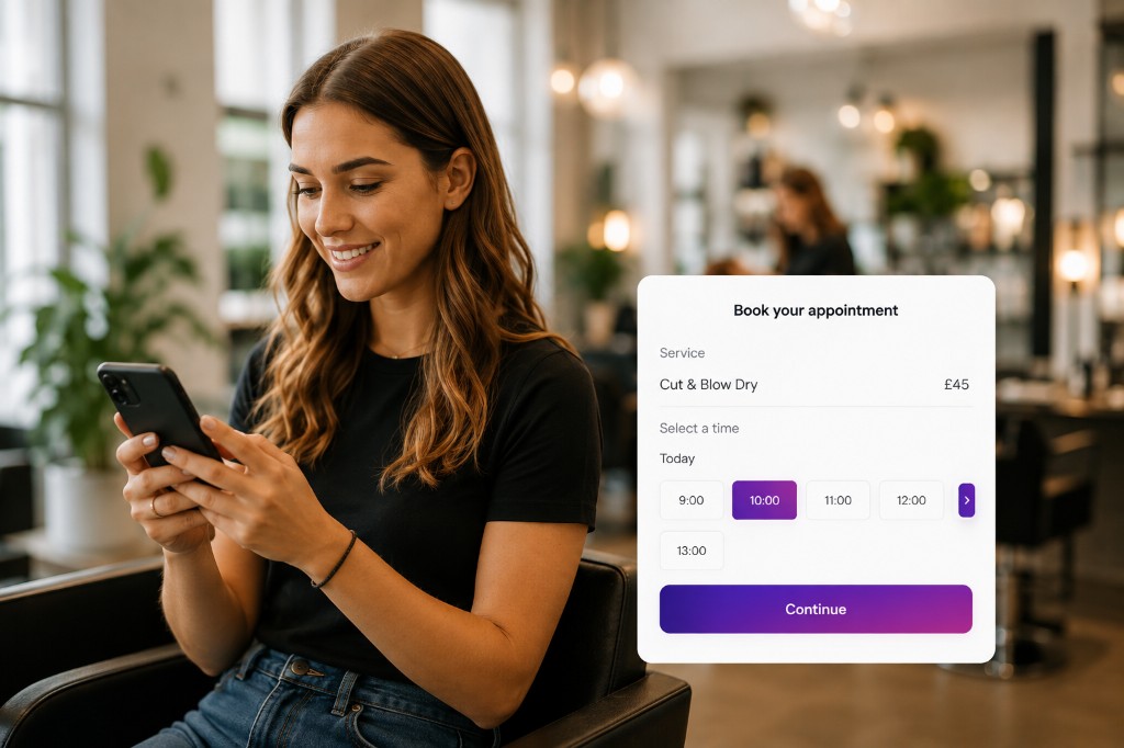 Client booking an appointment on their phone in the salon