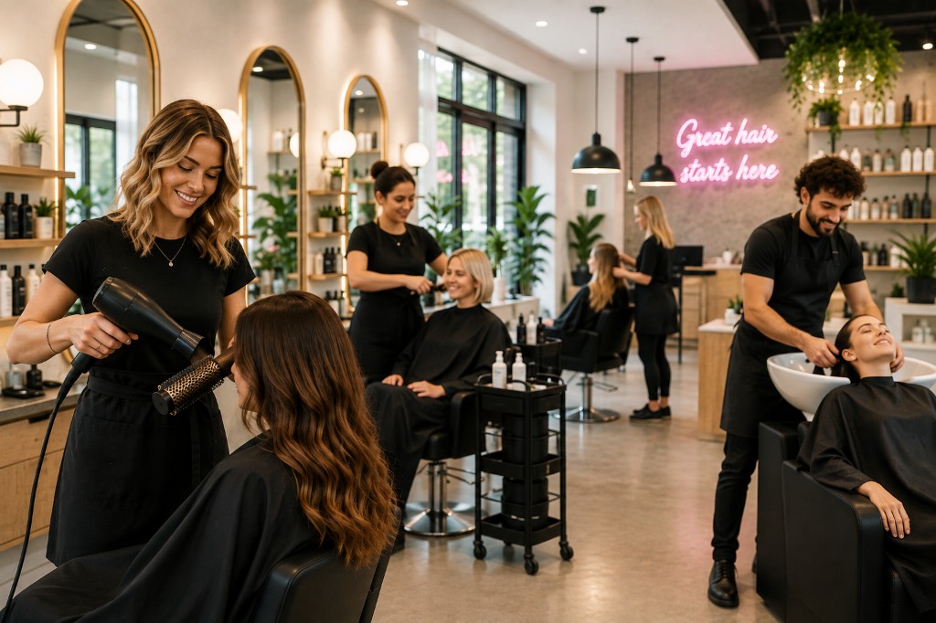 Busy salon floor with stylists and clients