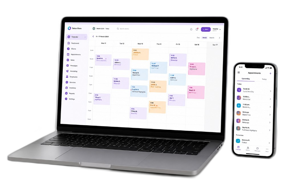 Salon Guild CRM on laptop and phone, calendar and appointments